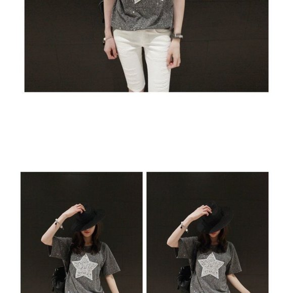 Short-Sleeve Star Printed Glitter T-Shirt Tee Size Small Gray - Picture 6 of 10